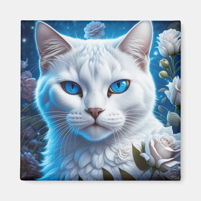 White Cat with Bright Blue Eyes Floral Magnet (Front)