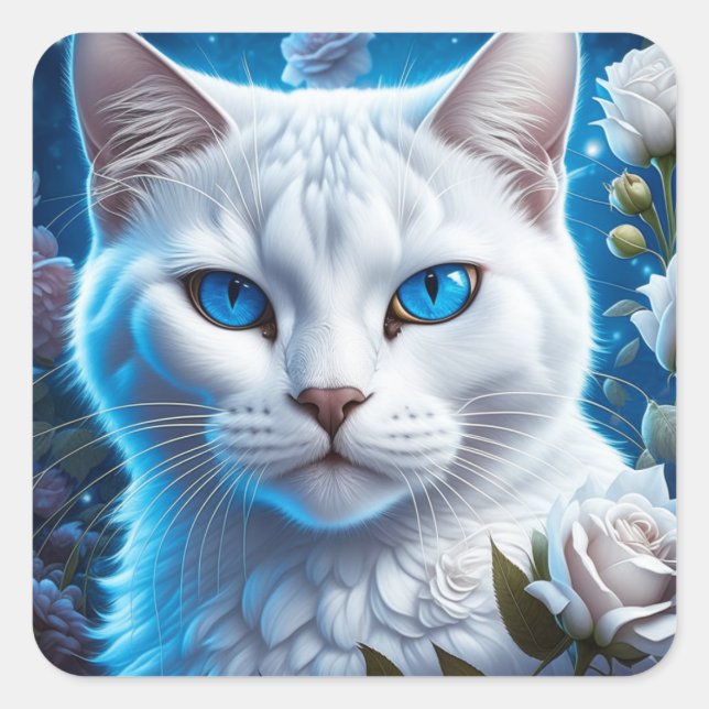 White Cat with Bright Blue Eyes Floral  Square Sticker (Front)