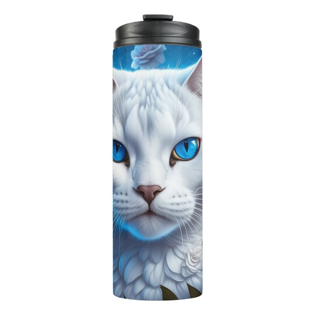 White Cat with Bright Blue Eyes Floral Thermal Tumbler (Front)