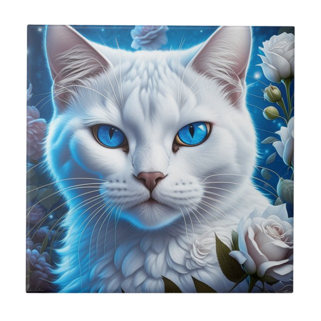 White Cat with Bright Blue Eyes Floral Tile (Front)
