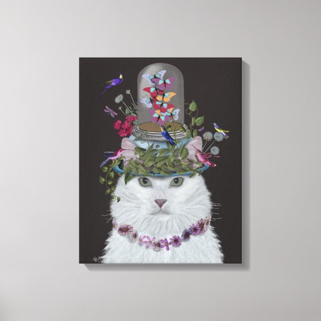 White Cat with Butterfly Bell Jar Canvas Print (Front)