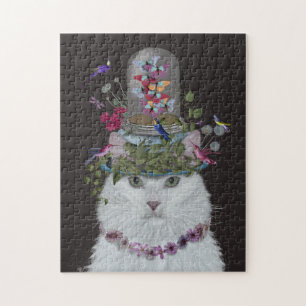 White Cat with Butterfly Bell Jar Jigsaw Puzzle