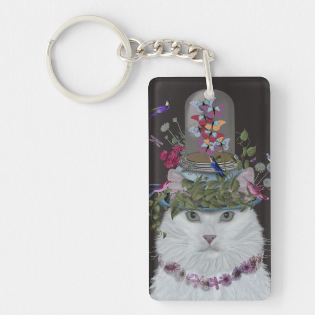 White Cat with Butterfly Bell Jar Key Ring (Front)