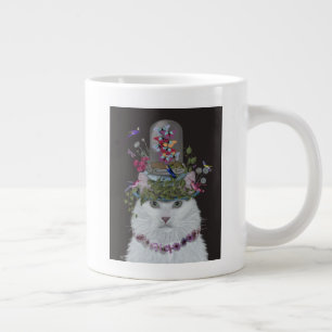 White Cat with Butterfly Bell Jar Large Coffee Mug
