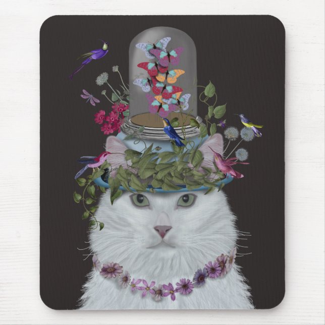 White Cat with Butterfly Bell Jar Mouse Mat (Front)