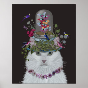 White Cat with Butterfly Bell Jar Poster