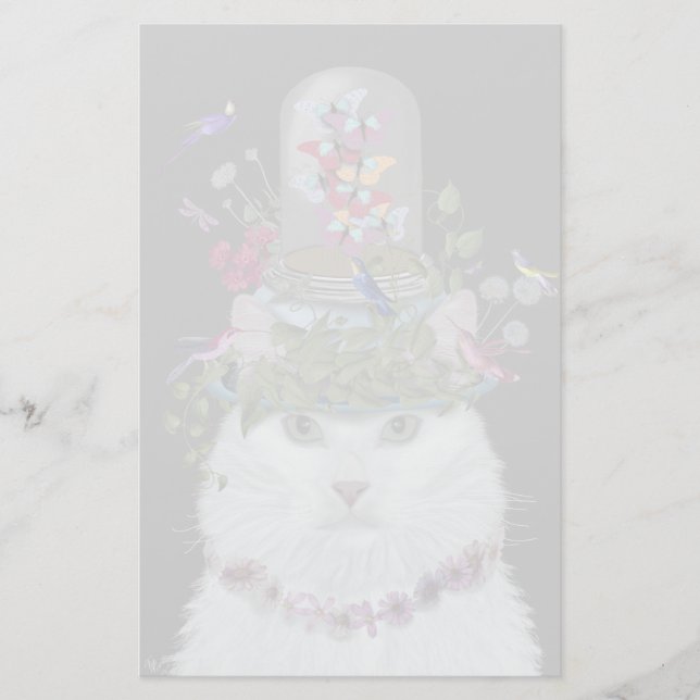 White Cat with Butterfly Bell Jar Stationery (Front)