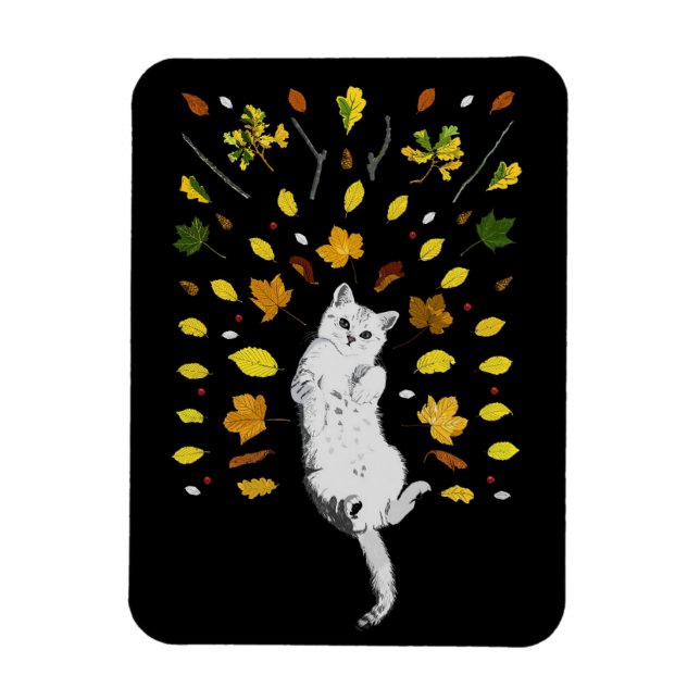 White cat with fall leaves illustration magnet (Vertical)