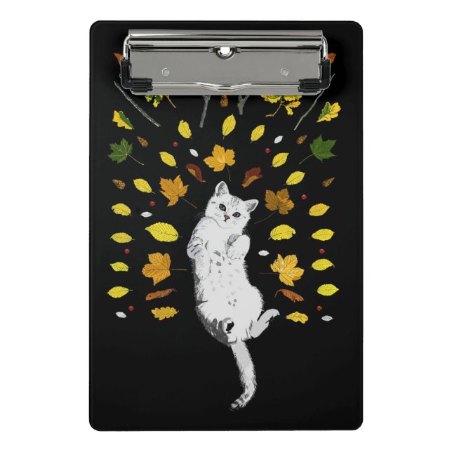 White cat with fall leaves illustration mini clipboard (Front)