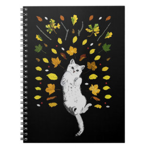 White cat with fall leaves illustration notebook