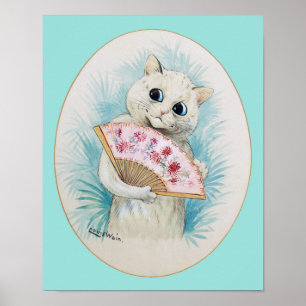 White Cat with Fan, Louis Wain Poster