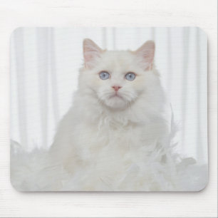White Cat with Feathers Mouse Mat
