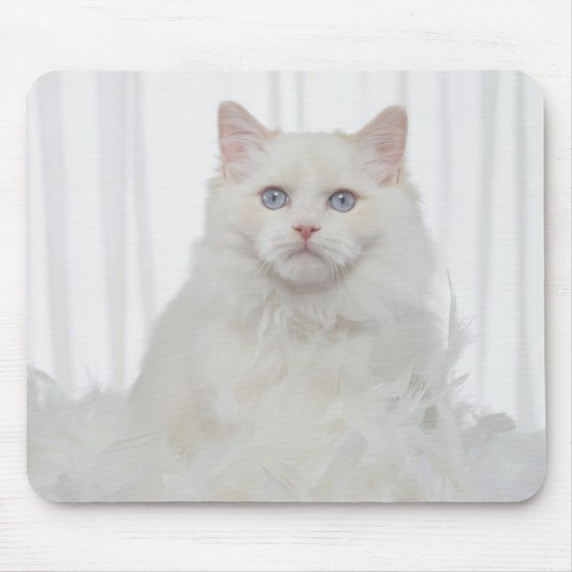 White Cat with Feathers Mouse Mat (Front)