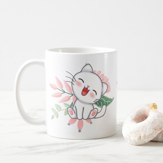 white cat with flower coffee mug (With Donut)