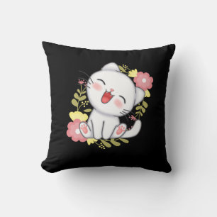 white cat with flower cushion