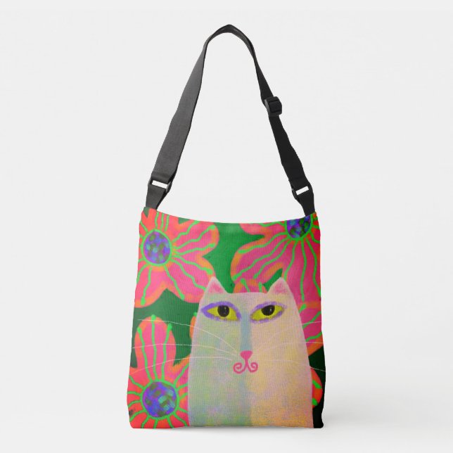 White Cat with Flowers Abstract Art Crossbody Bag (Front)