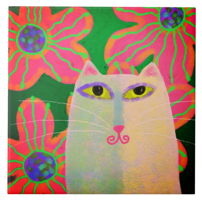 White Cat with Pink Flowers Abstract Painting Tile (Front)