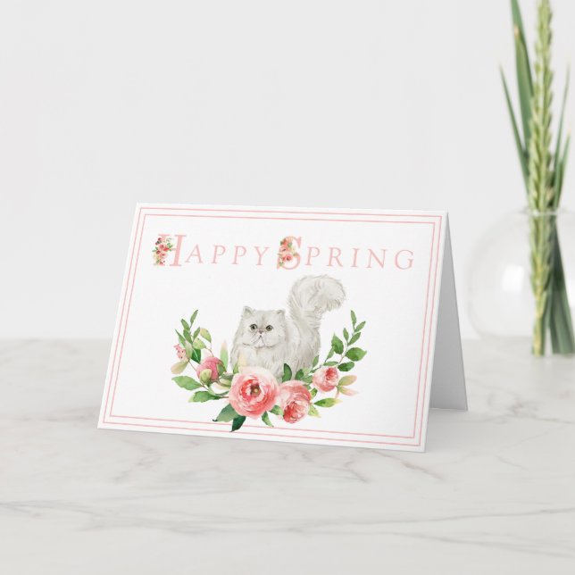 White Cat with Pink Flowers Easter Card (Front)