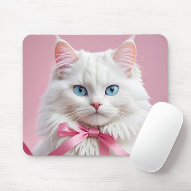 White Cat with Pink Ribbon Mouse Mat (With Mouse)