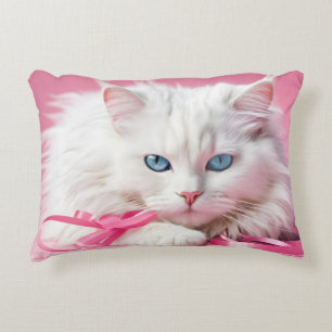 White Cat With Pink Ribbons Decorative Cushion