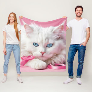 White Cat with Pink Ribbons Fleece Blanket
