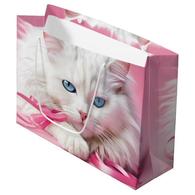 White Cat With Pink Ribbons Large Gift Bag (Front Angled)