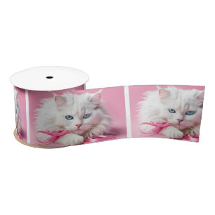 White Cat With Pink Ribbons Satin Ribbon