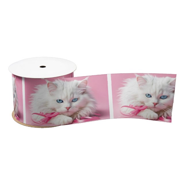 White Cat With Pink Ribbons Satin Ribbon (Spool)
