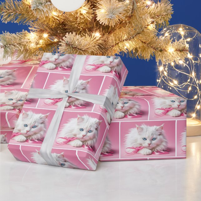 White Cat With Pink Ribbons Wrapping Paper (Holidays)