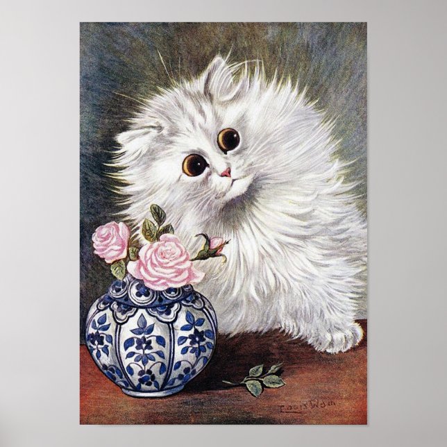 White Cat with Pink Roses, Louis Wain Poster (Front)