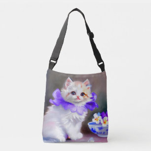 White Cat with Purple Flower Collar Painting Crossbody Bag