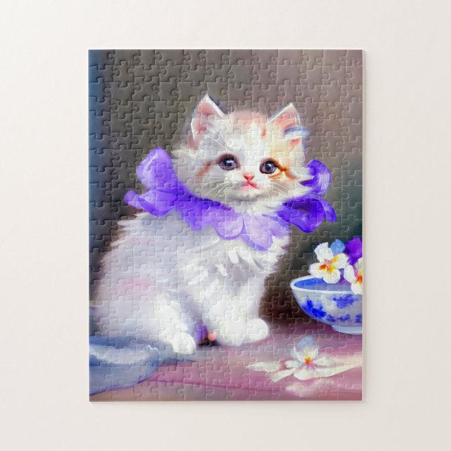 White Cat with Purple Flower Collar Painting Jigsaw Puzzle (Vertical)