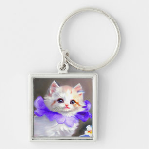 White Cat with Purple Flower Collar Painting Key Ring