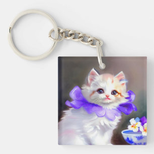 White Cat with Purple Flower Collar Painting Key Ring
