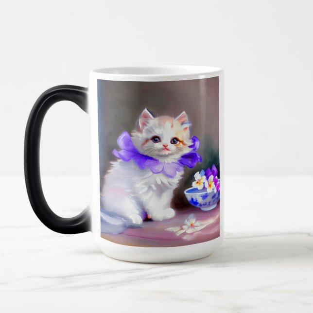 White Cat with Purple Flower Collar Painting Magic Mug (Left)