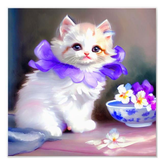 White Cat with Purple Flower Collar Painting Photo Print (Front)