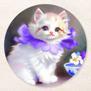 White Cat with Purple Flower Collar Painting Round Paper Coaster