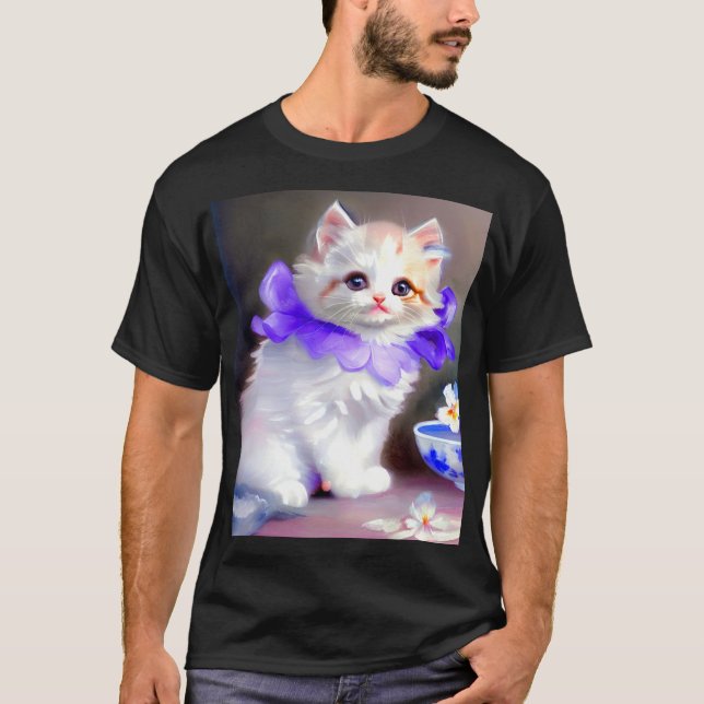 White Cat with Purple Flower Collar Painting T-Shirt (Front)