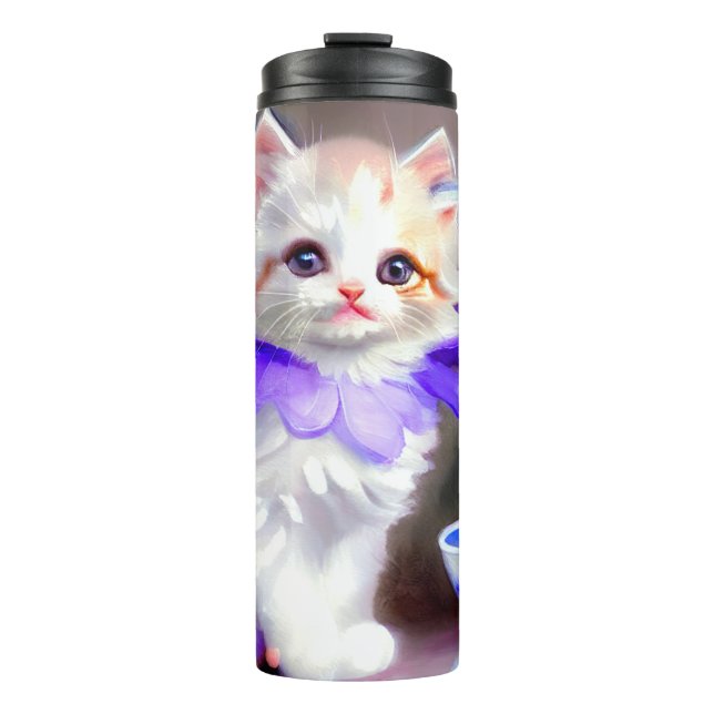 White Cat with Purple Flower Collar Painting Thermal Tumbler (Front)