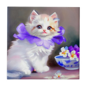 White Cat with Purple Flower Collar Painting Tile