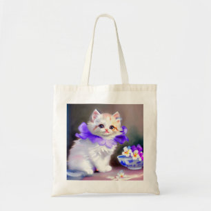 White Cat with Purple Flower Collar Painting Tote Bag