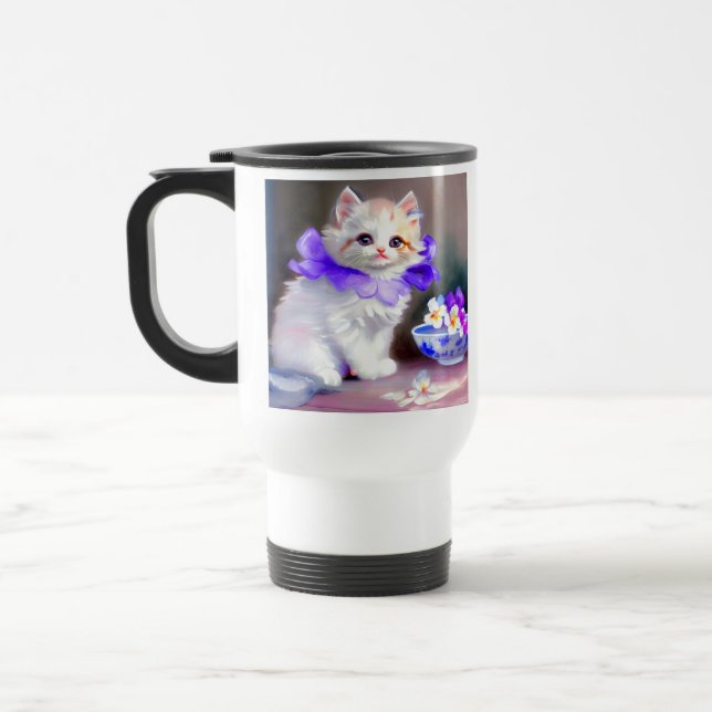 White Cat with Purple Flower Collar Painting Travel Mug (Left)