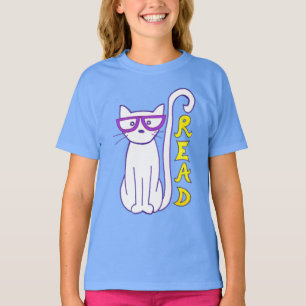 White Cat with Purple Glasses with Read Sign T-Shirt