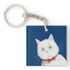 White Cat with Red Bow - Acrylic Keychain
