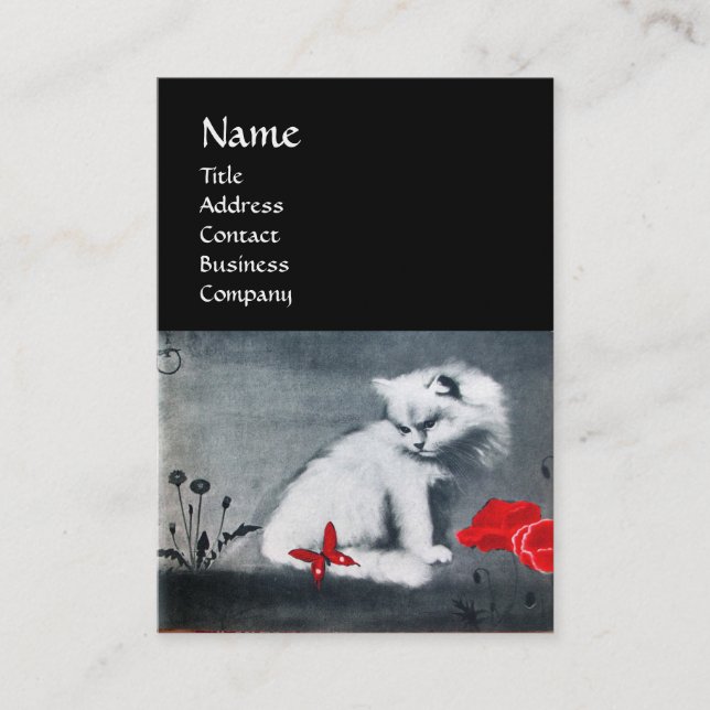 WHITE CAT WITH RED BUTTERFLY  MONOGRAM ,pearl Business Card (Front)