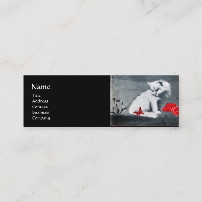 WHITE CAT WITH RED BUTTERFLY MONOGRAM  pearl paper Mini Business Card (Front)