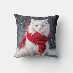 White Cat with Red Winter Scarf Cushion
