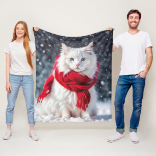 White Cat with Red Winter Scarf Fleece Blanket