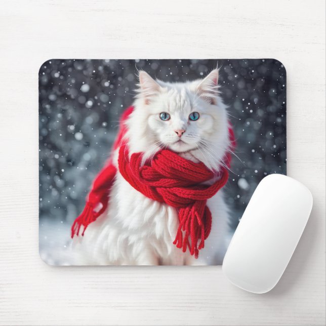 White Cat with Red Winter Scarf Mouse Mat (With Mouse)