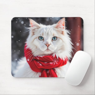 White Cat with Red Winter Scarf Mouse Mat